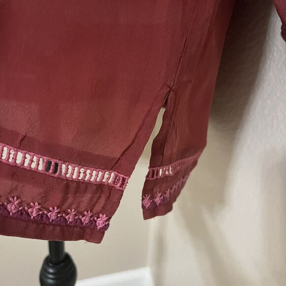 Johnny Was NEW Peyton Silk Blouse Long Slv Embroidered Sz S Tasseled Oversized - Picture 7 of 9